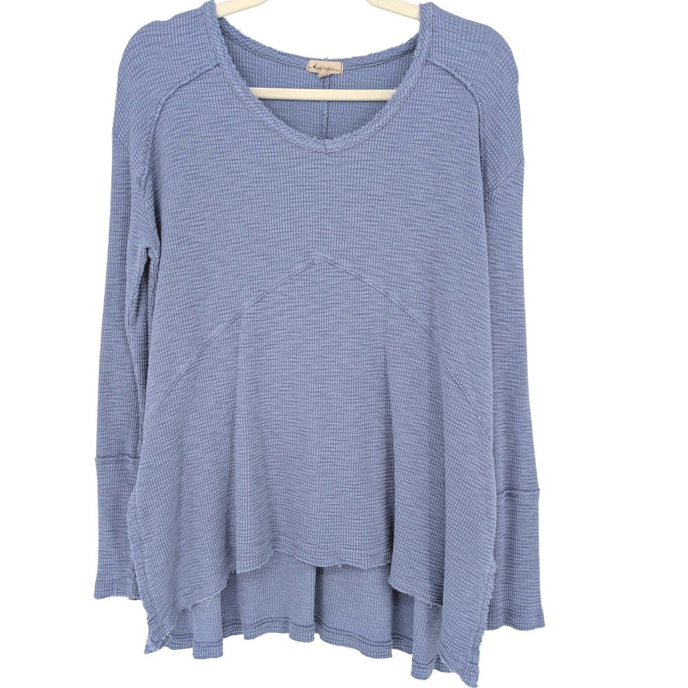 Mod-o-doc Waffle Knit Top S Blue V-Neck Raw Hem High-Low Boho Coastal Lounge